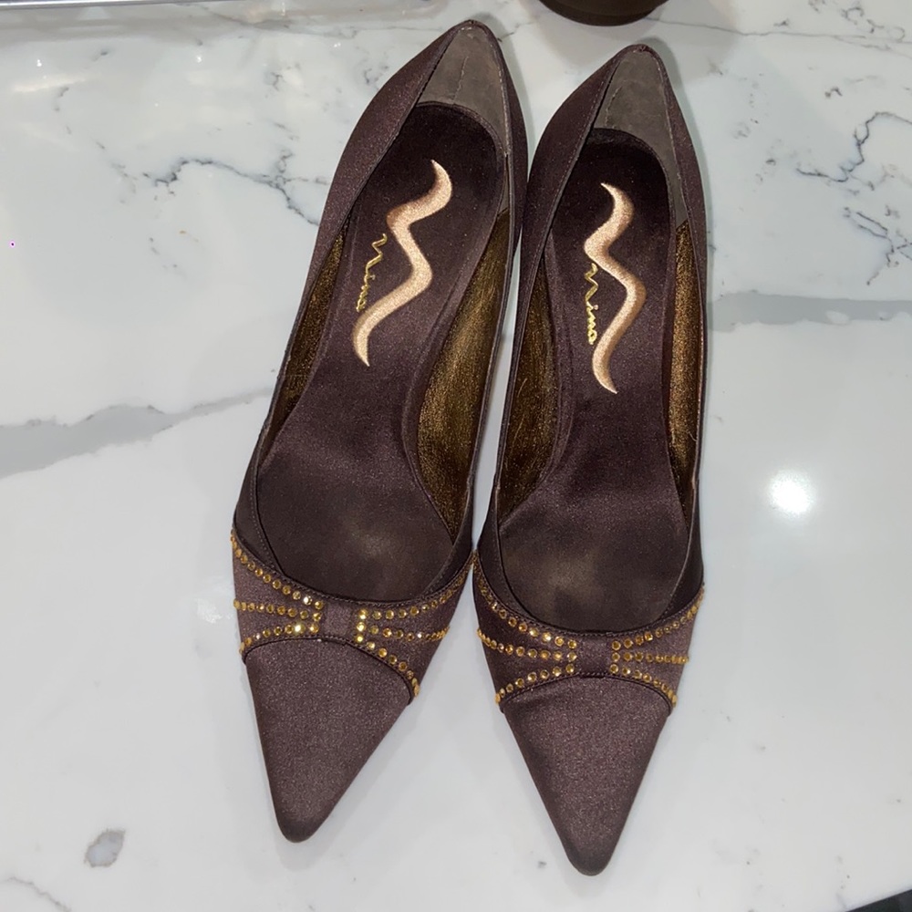 Ninashoes on Sale classy Brown Satin heel gold rhinestone women 8.5